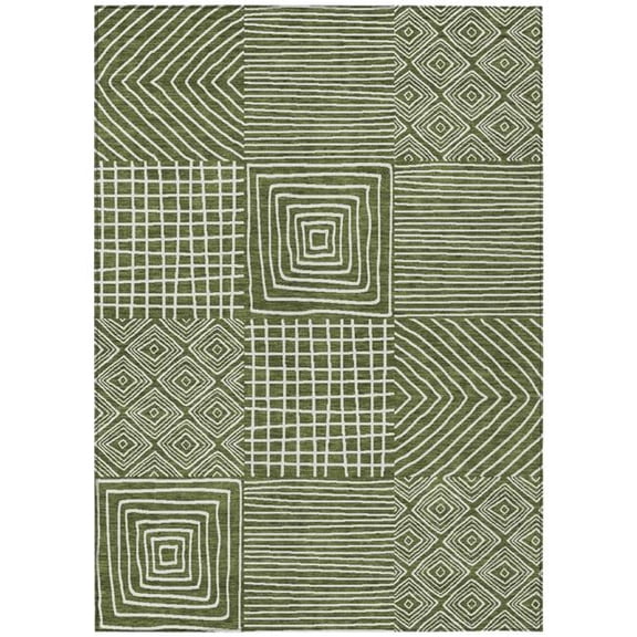 HomeRoots 600765 8 x 10 ft. Olive Green & Ivory Geometric Washable Indoor & Outdoor Rectangle Area Rug