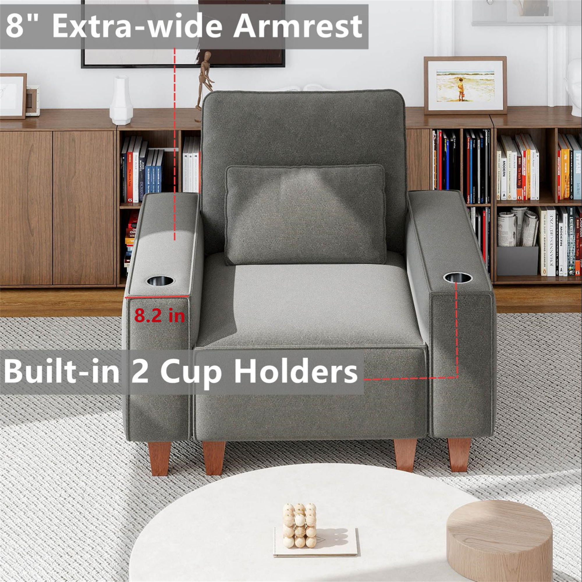 Aukfa 3 Piece Sofa Set - 43.5" Oversized Armchair Couch with Cup Holders&Pillows, Chenille, Gray