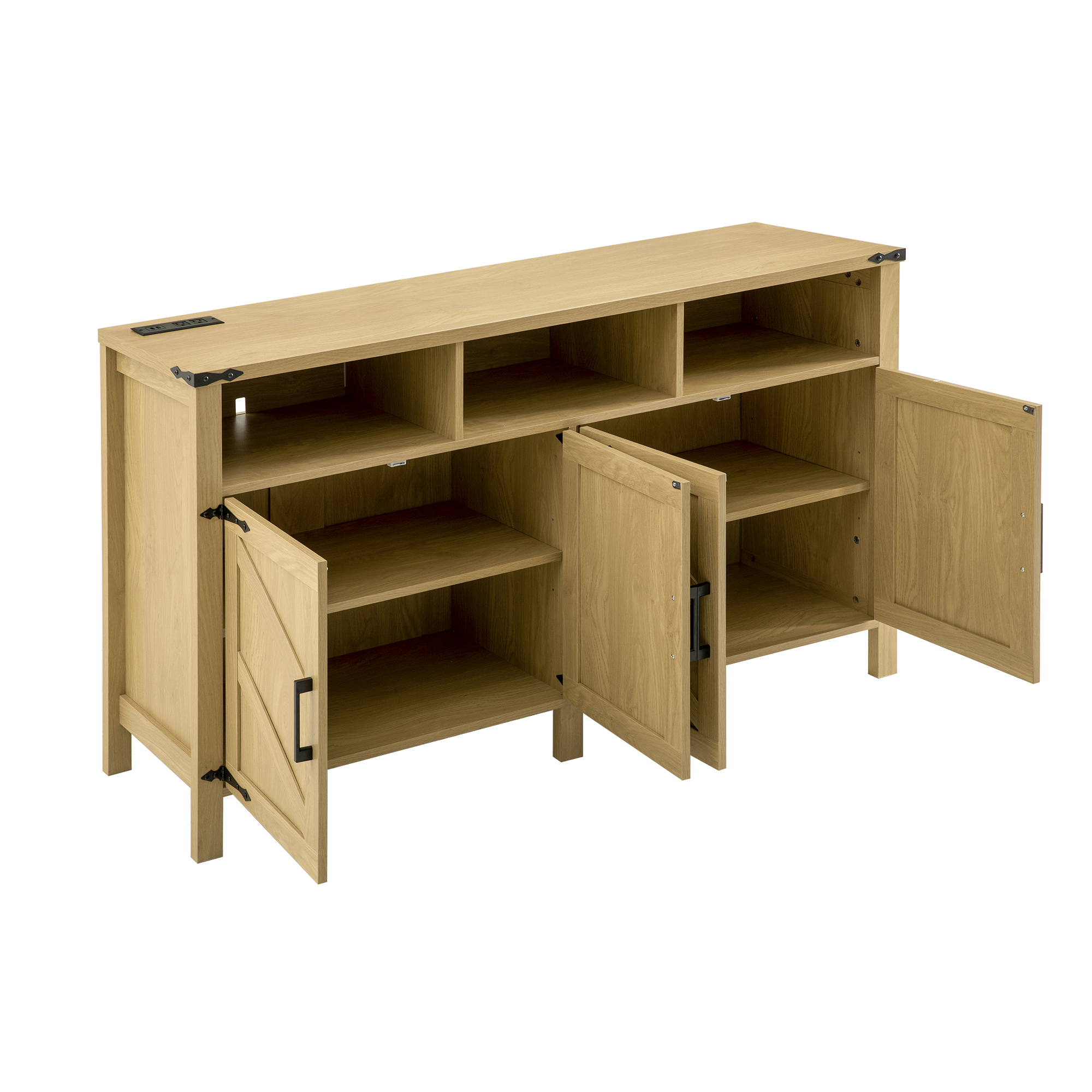 Euroco 59" Large Sideboard Buffet Cabinet with Storage, Wood Coffee Bar Station with Charging Station,Adjustable Shelves and Open Storage Shef for Living Room,Dining Room,Natural