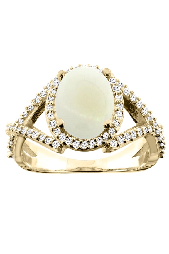 14K Yellow Gold Natural Opal Ring Oval 10x8mm Diamond Accent, size 9