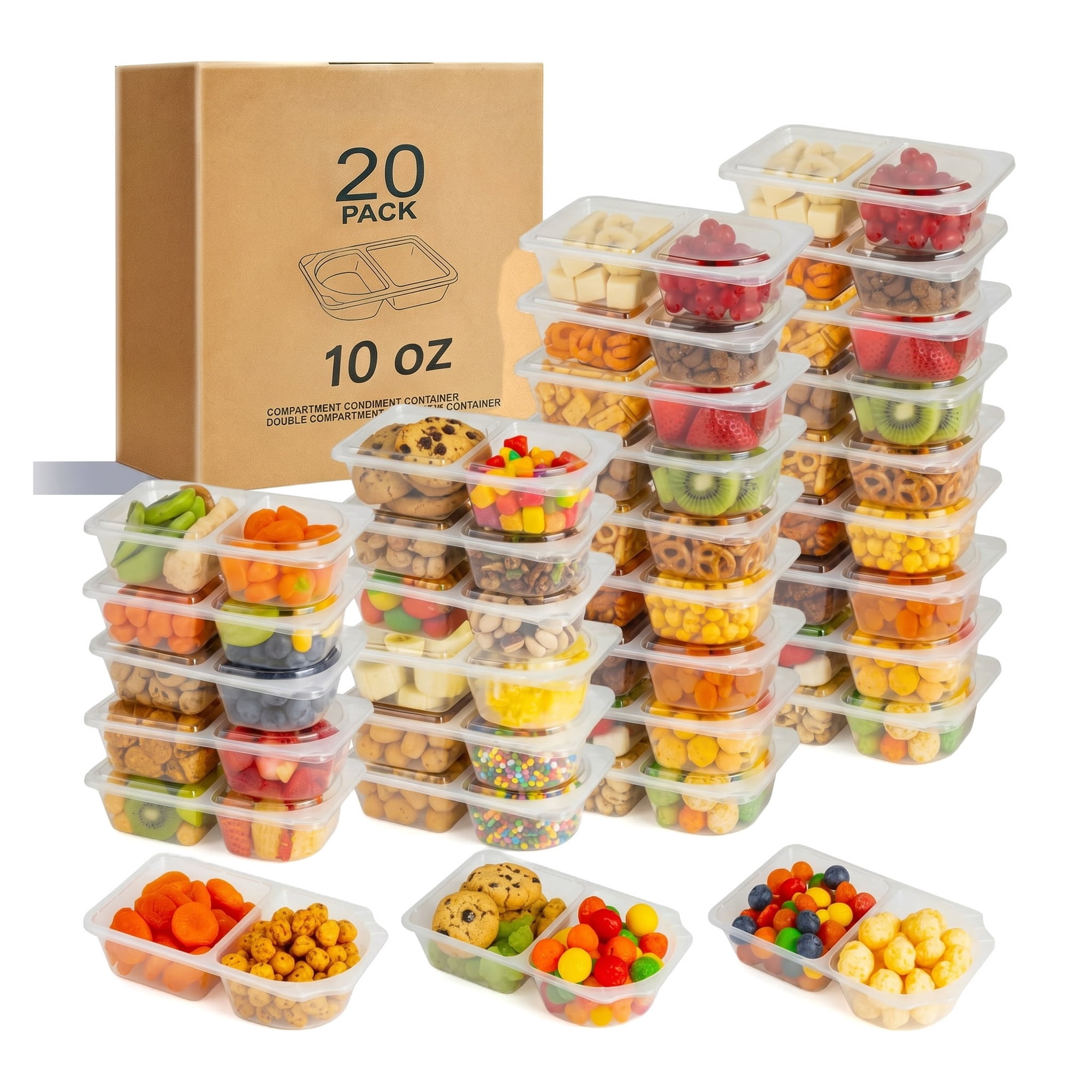 20-Pack Reusable Snack Containers with Lids, Double Compartment Meal Prep Containers, Snack Pack for Portion Control, On the Go Travel Essentials for Adults