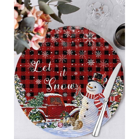 13 Inch Round Placemats Set of 6, Red Plaid Snowman Christmas Non Slip Heat Insulation PP Table Mats, Snowflake Red Truck Xmas Tree Gifts Washable Place Mats for Kitchen Dining Party Table Decor