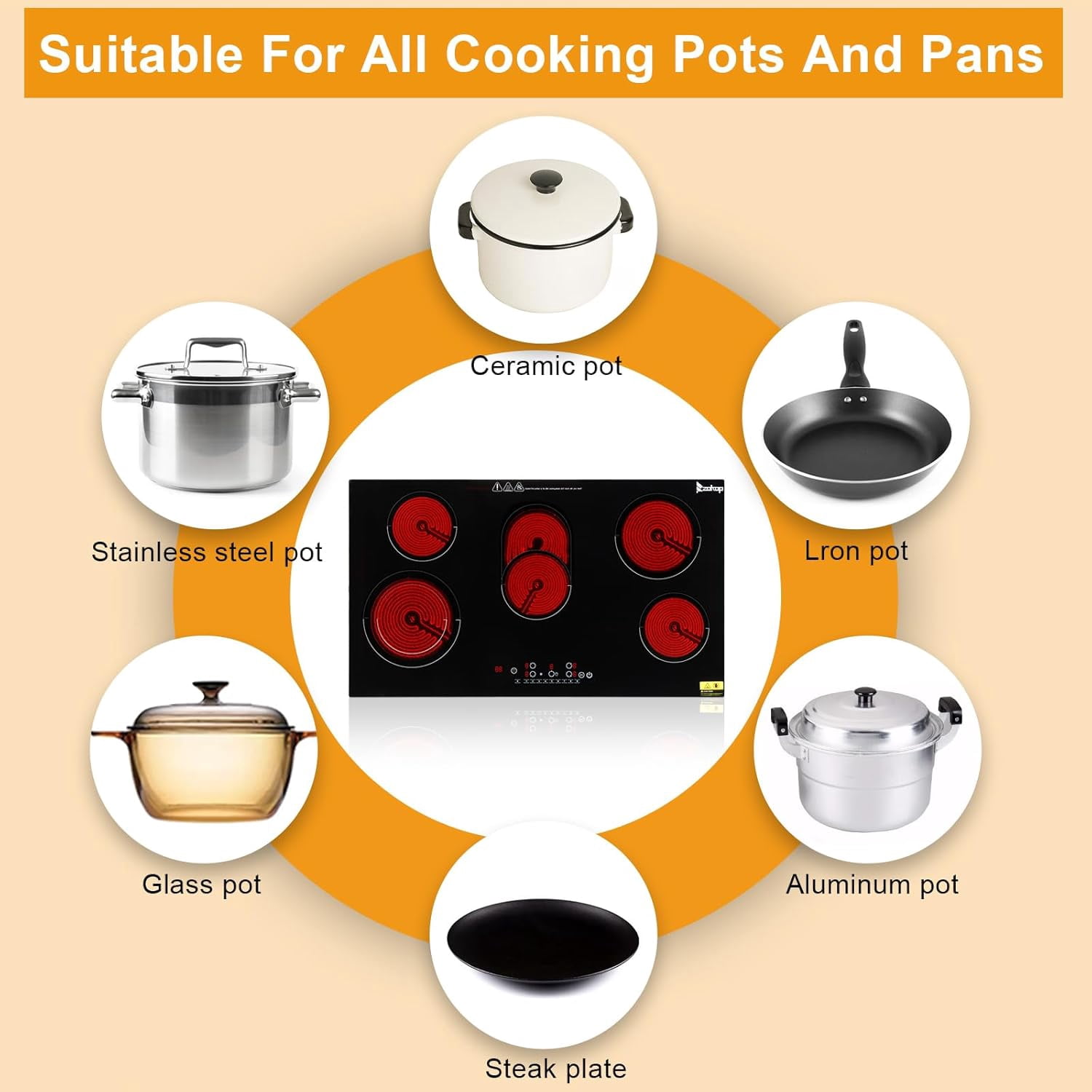 Ktaxon 5-Burner Electric Cooktop, 35" Built-in Ceramic Stove, 8600W, Touch Control w/Safety Lock & Timer