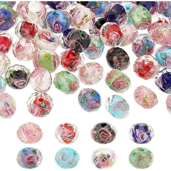 80pcs 8 Colors Flower Glass Beads Shining Gold Sand Lampwork Beads Handmade Round Loose Beads