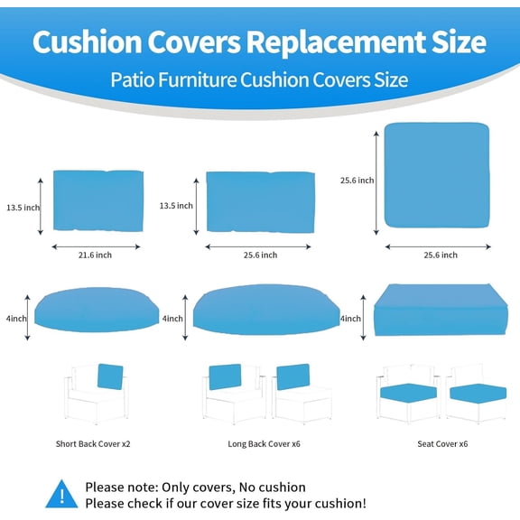 14 Pcs Outdoor  Furniture Cushion Covers  Waterproof Non-Slip with Zippers for Sofa Couch  Blue