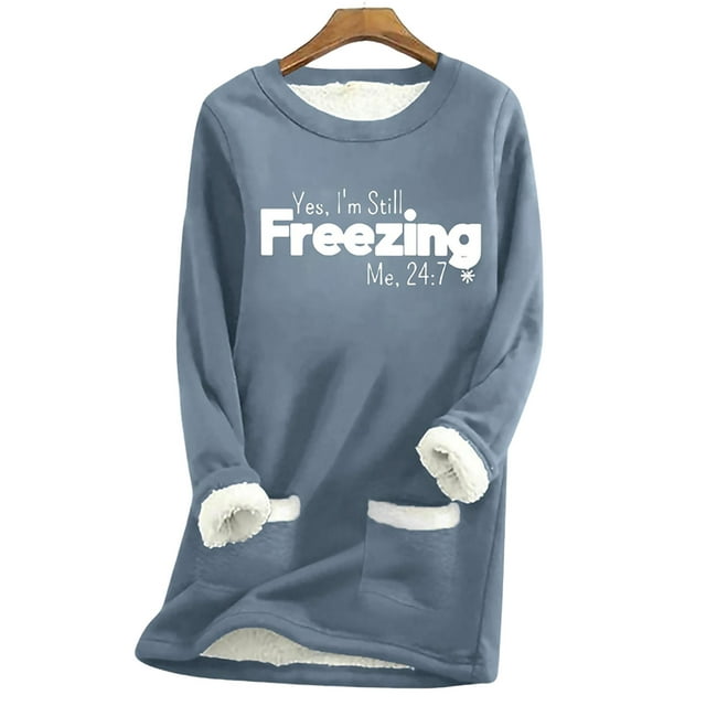 Fashnice Ladies T-shirt Letter Printed Pullover Crew Neck Sweatshirt Warm Fall Tops Sea Blue With Snowflakes 2XL