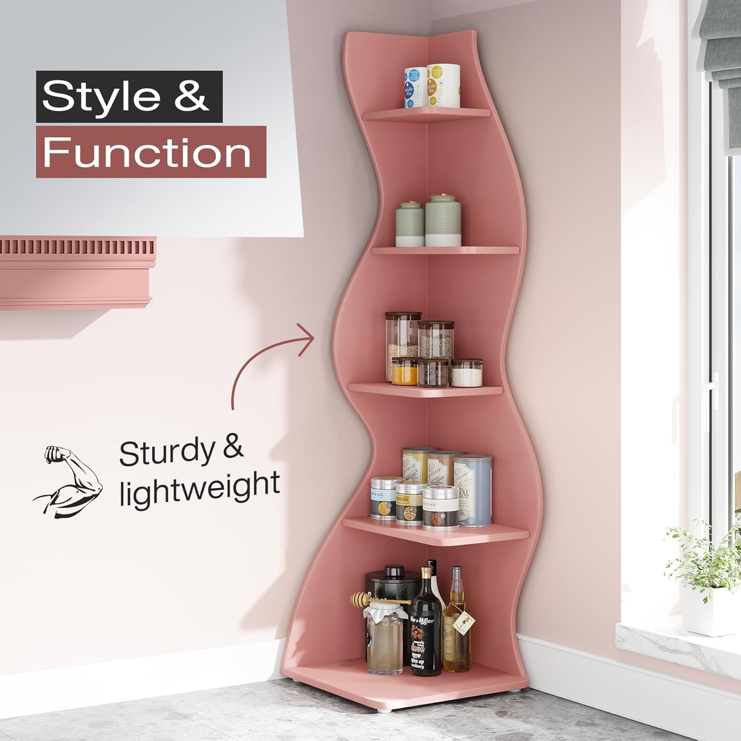 Tribesigns Modern Corner Shelf, 5-Tier Corner Bookshelf WavyBookcase for Small Space, Living Room (Pink)