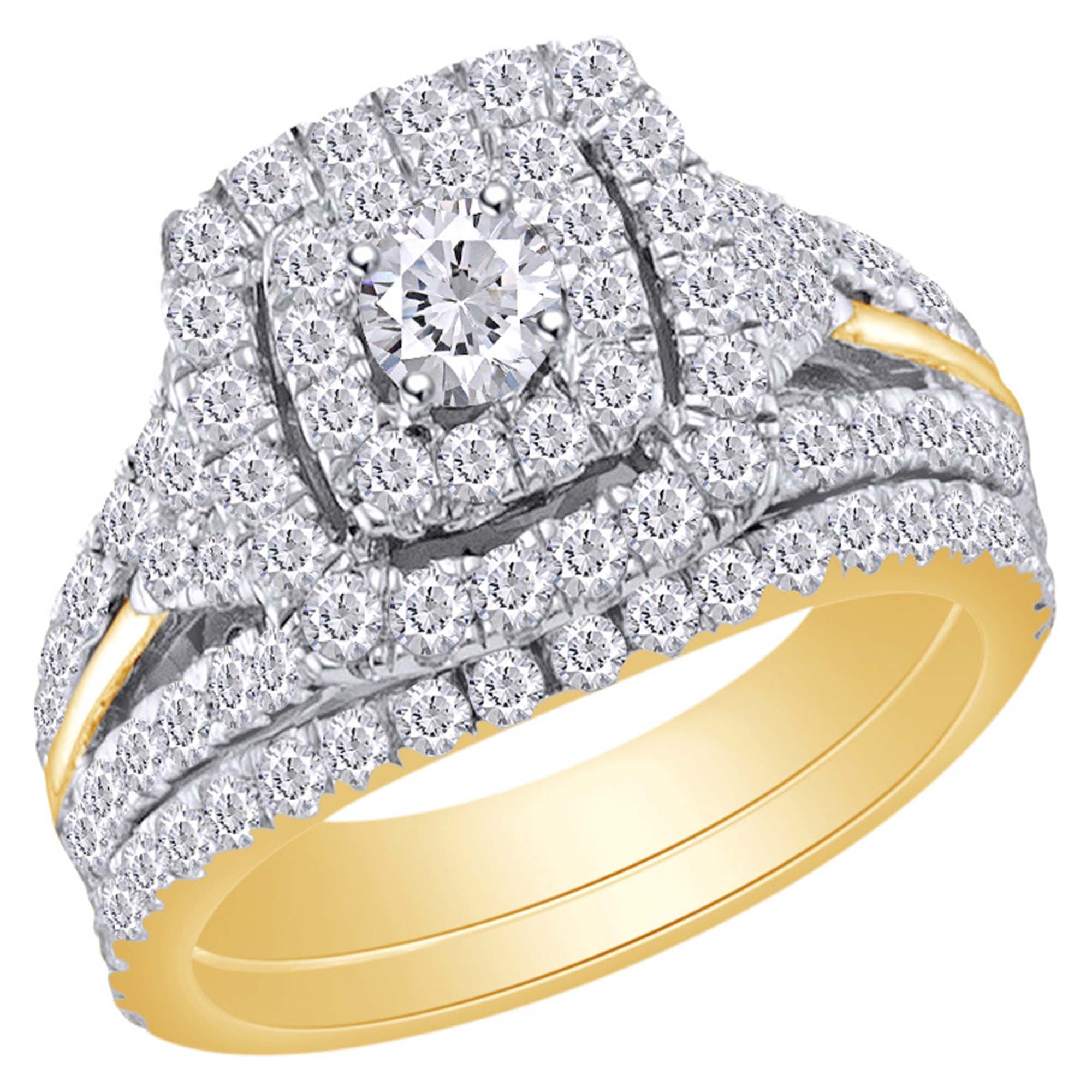 1 7/8 Cttw Womens Round Natural Diamond Double Halo Bridel Wedding Engagement Ring Band Set 14Kt Solid Yellow Gold (I-J Color, I2-I3 Clarity, 1.87 ...