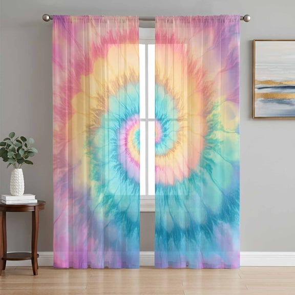 Colorful Tie Dye Sheer Curtains 96 Inch Length 2 Panels Set, Rainbow Ombre Abstract Pattern Art Voile Window Treatment Semi Sheer Long Curtains Drapes for Bedroom/Living Room/Kitchen 52"x96"x2