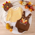 thumbnail image 4 of YAYUBA Baby Thanksgiving Outfit Girl Boys And Girls Thanksgiving Striped Top Cartoon Embroidered Strap Pants Hat Set, 4 of 8