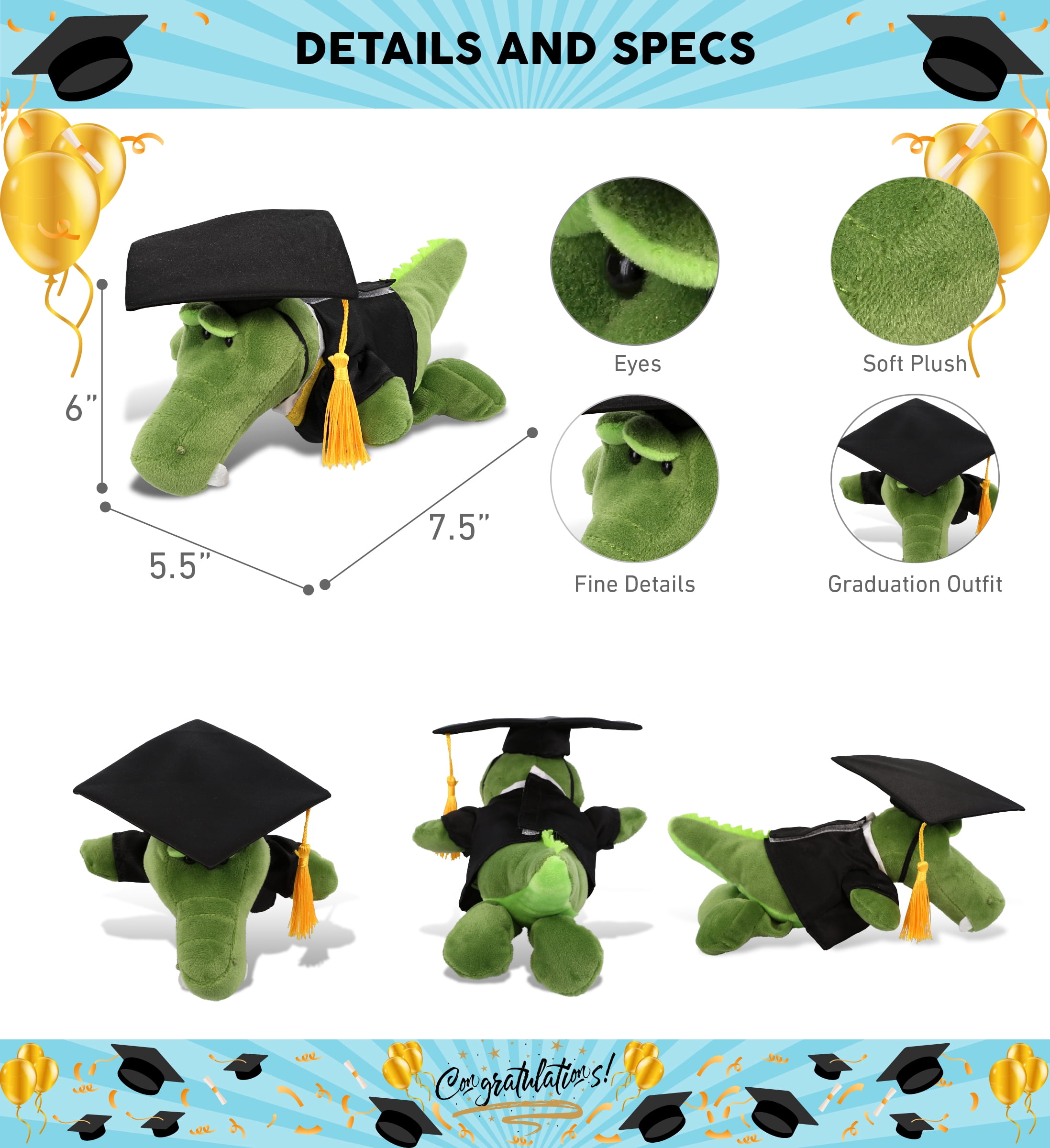 DolliBu Graduation Alligator Plush - 11.5 Inch Stuffed Animal In Cap & Gown, Super Soft, Customizable Gift