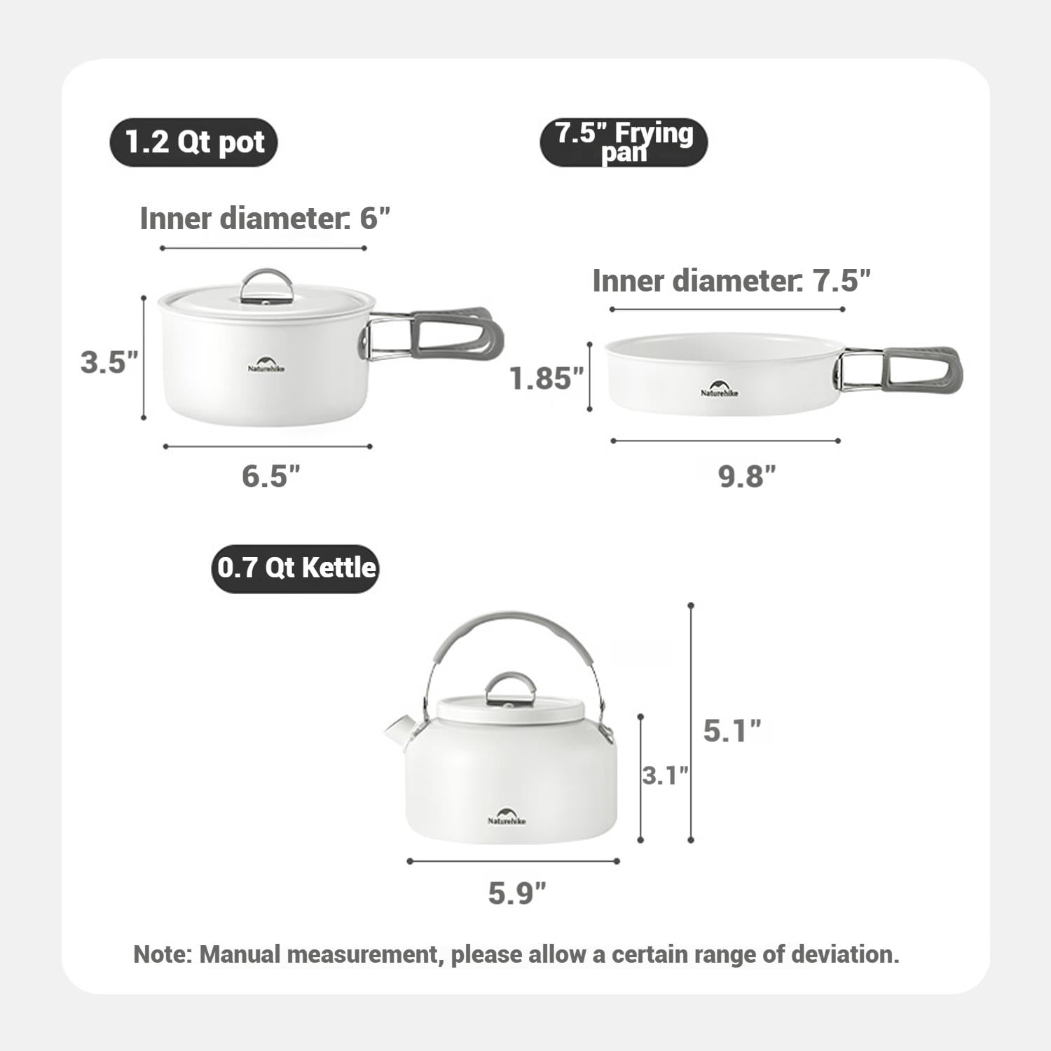 Naturehike, Ceramic Non-Stick Cookware Set, Nonstick Pot and Pan Cookware Set with Foldable Handle,  Five-Layer Lamination Process, Thicken Design, Easy Cleaning, For Home/Picnic/Camping.