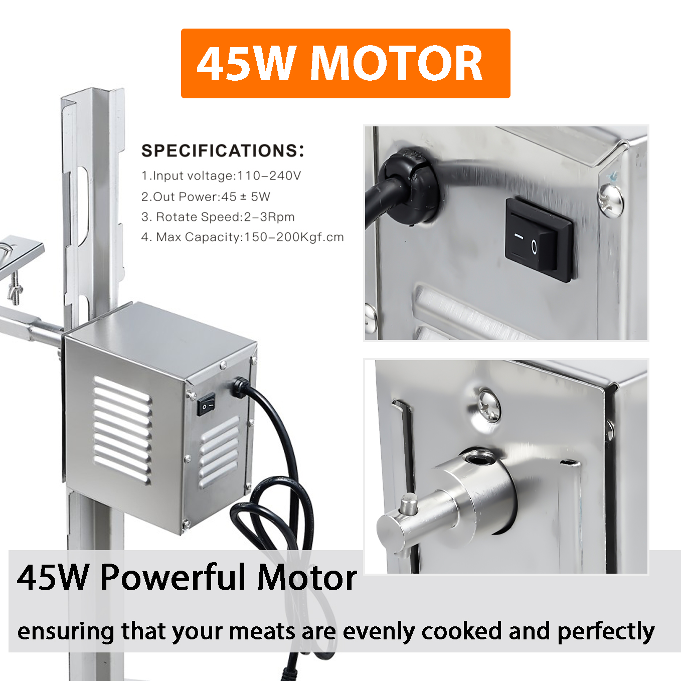 iMeshbean Electric BBQ Rotisserie Grill Kit, 220LB Pig Spit Rotisserie Grill, Stainless Steel Pig Rotisserie Kit with 45W Powerful Motor, Adjustable Height