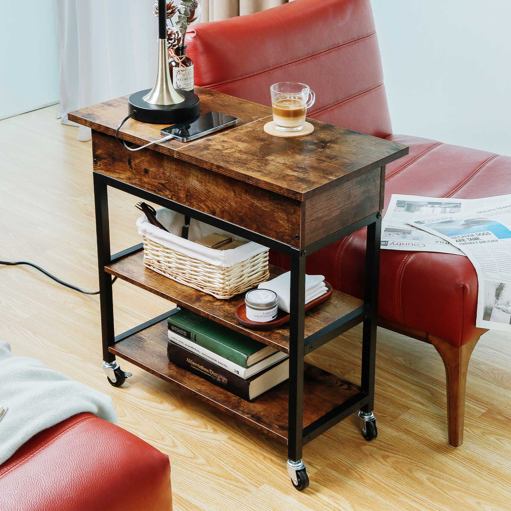 TC-HOMENY Narrow End Table with Charging Station, Side Table with Wheels, Flip Top, Shelf and USB Ports Nightstand for Living Room, Bedroom TC-HOMENY End Table Set of 2 with Charging Station \u0026 USB Ports