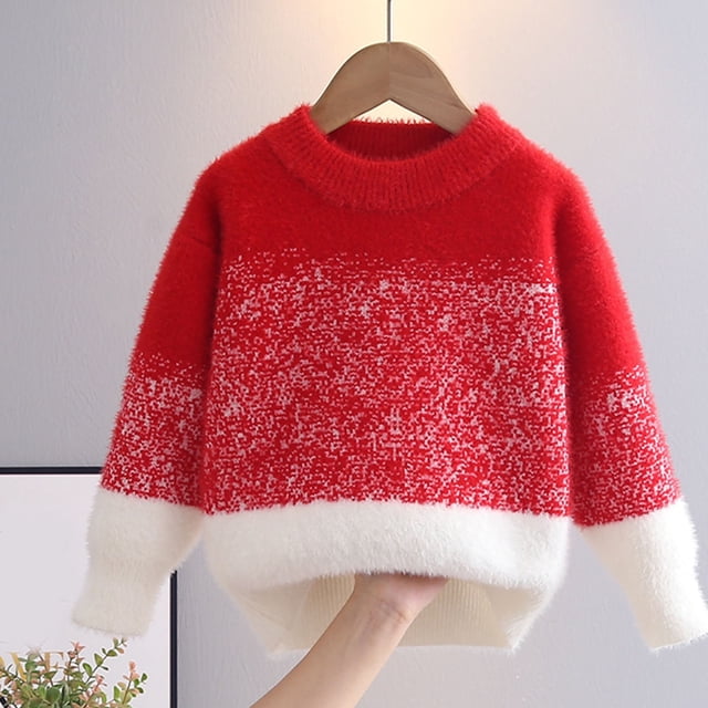 TIMIFIS Chandails Rouges pour Tout-Petits Couleur Dégradée Garçons Filles Col Rond Manches Longues Confortable Décontracté Chandail Automne Hiver Extensible Hauts Doux Tendance Tricot Torsadé pour Enfants, Disponible en 5 à 15 Ans