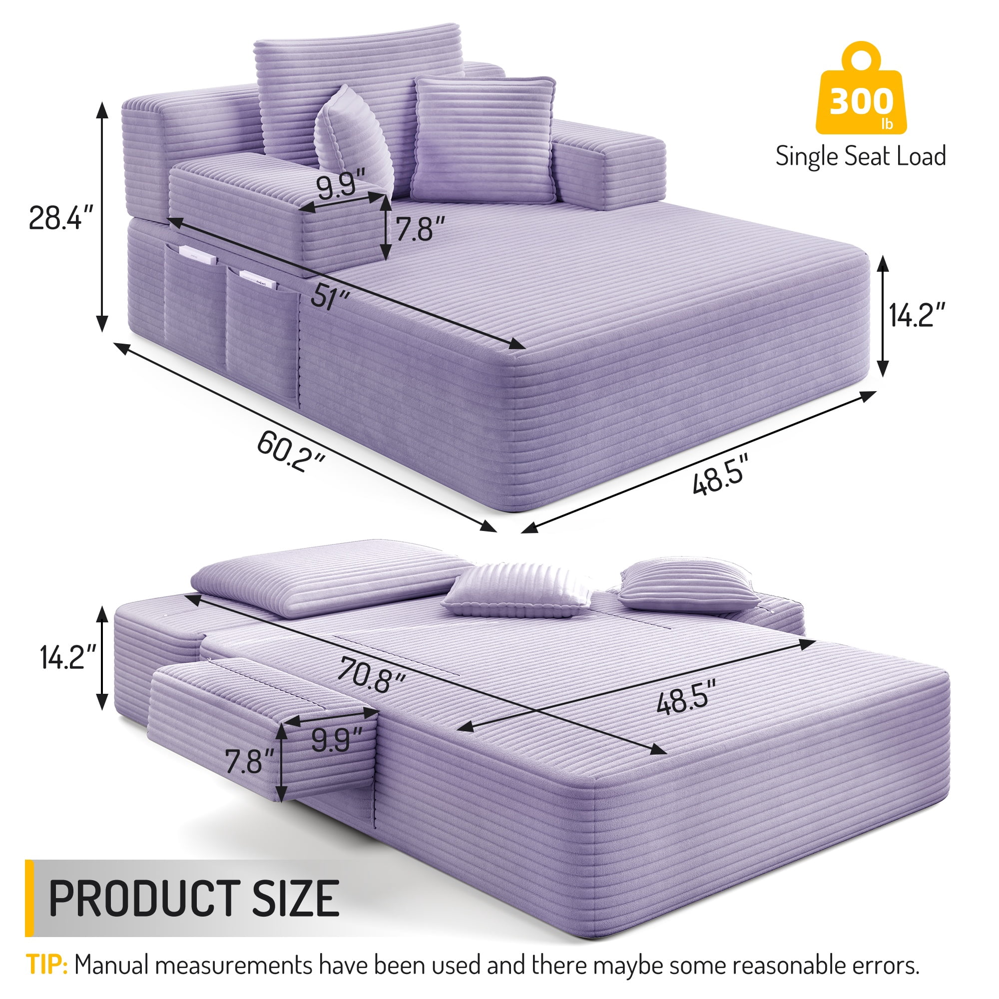 Alvantor Oversized Corduroy Convertible Chaise Lounge Sofa Bed, Purple