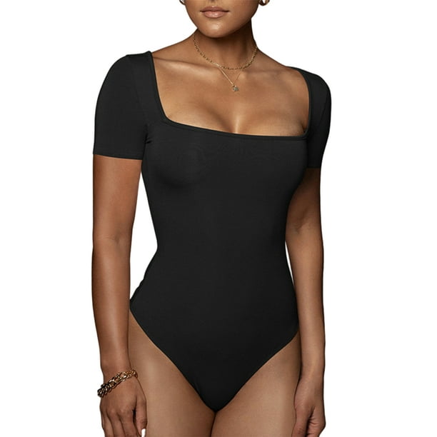 MAWCLOS Women Bodysuit Basic Romper Short Sleeve T Shirt Casual Beach Solid  Color Top Black XL 