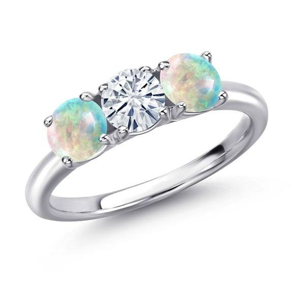 Gem Stone King 925 Sterling Silver White Moissanite and Simulated White Opal Engagement Ring for Women | 1.50 Cttw | Round 5MM | Gemstone Birthstone | Size 6