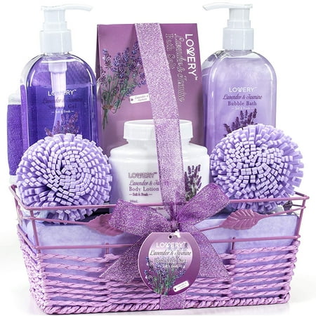 Gift Baskets Canada Spa - Bath and Body Gift Basket For Women – Lavender and Jasmine Home Spa Set with Body Lotions, Bubble Bath and More