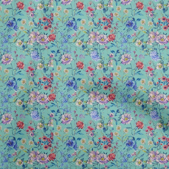oneOone Cotton Cambric Turquoise Green Fabric Florals Sewing Fabric By The Yard Printed Diy Clothing Sewing Supplies 56 Inch Wide