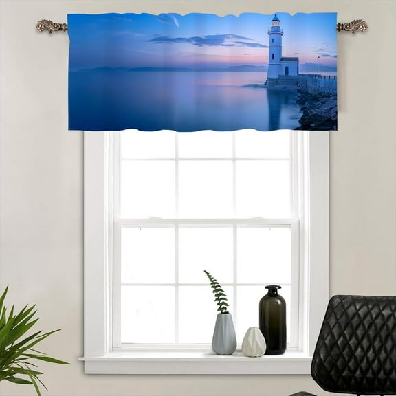 1 Panel Nautical Ocean Kitchen Valance Curtains for Windows, White Lighthouse Coastal Window Treatment Rod Pocket Drapes Valances for Bathroom, 54" X 18"