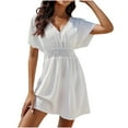 thumbnail image 1 of Robe à la Mode pour Femmes à Manches Courtes, Unie, à Col en V, avec Ceinture à la Taille, 1 of 6