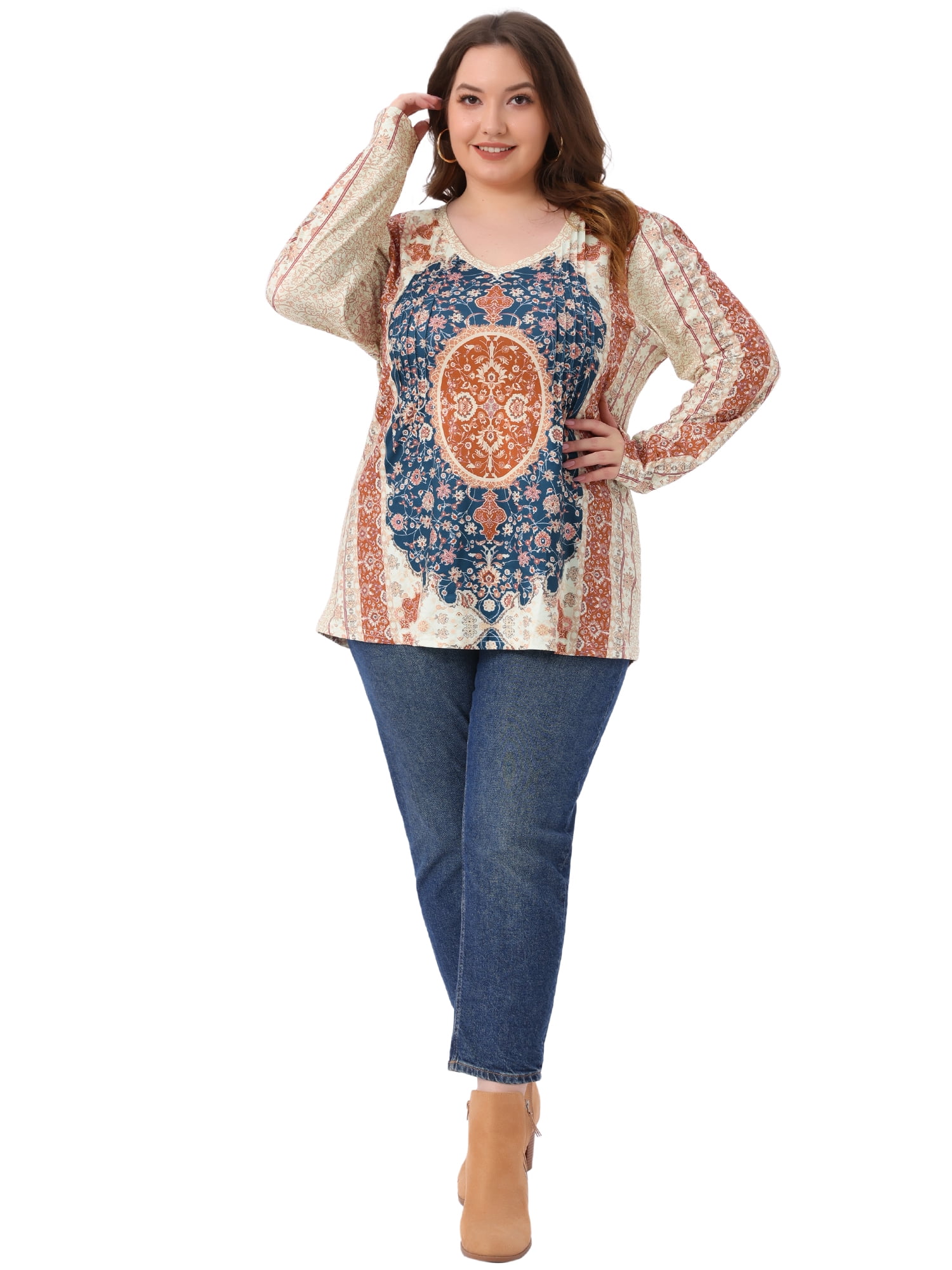 DARING DIVA Women's Plus V Neck Long Sleeve Boho Paisley Blouse Tunic 3X Apricot