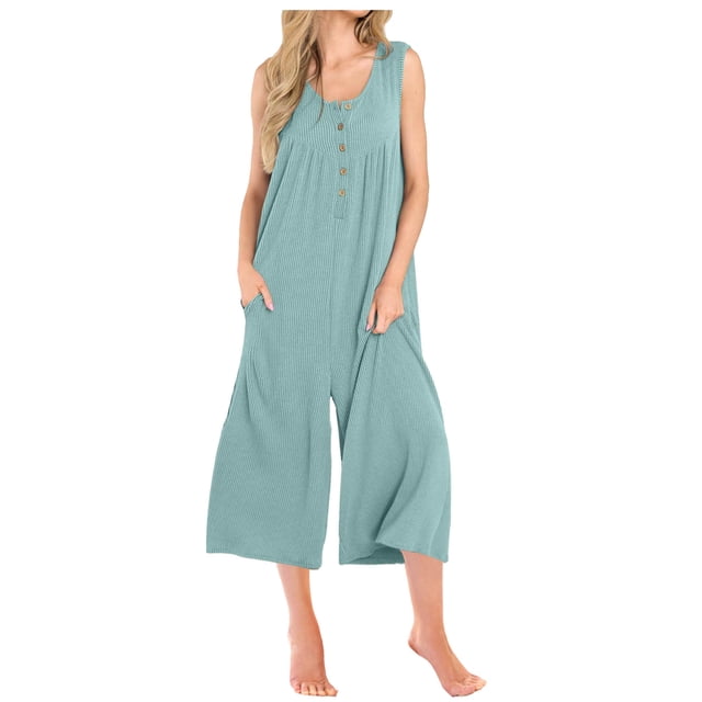 AherBiu Rompers for Women 2024 Wide Leg Loose Ribbed Knitted Casual Sleeveless Capris Pants Jumpsuits