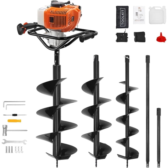 62cc 2-Stroke Auger Post Hole Digger with 2 Extension Rods & 6" & 8" Auger Bits - Gas Powered Earth Auger for Fencing, Gardening, Construction - Heavy Duty Digging Machine (62cc 2 Auger Bit(6"8"))