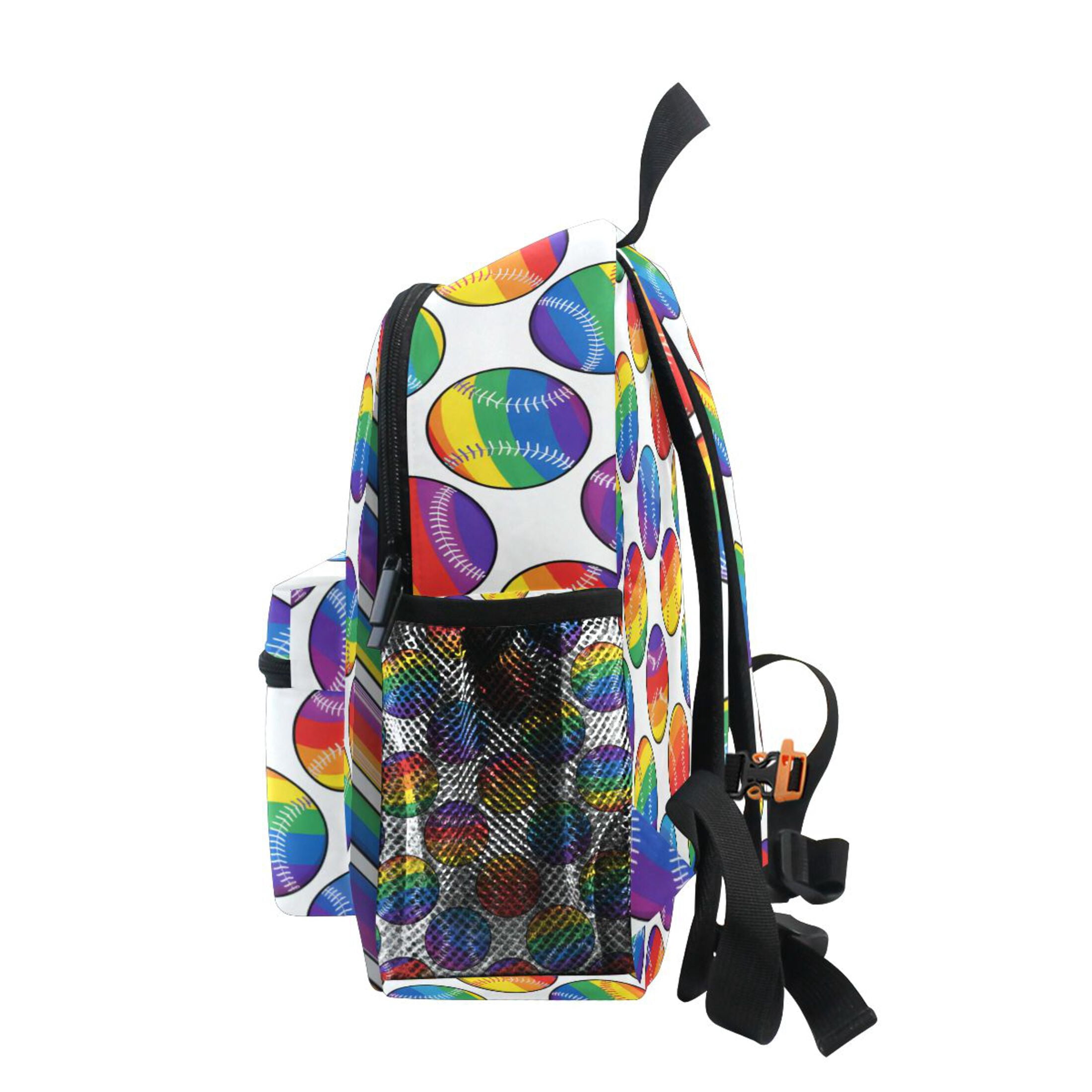 Rainbow Baseball White Background Pattern Mini Backpack Cute Small Backpack with Chest Strap and Whistle Ages 3-8