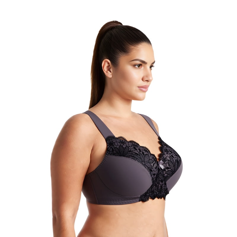 Curve Muse Plus Size Unlined Minimizer Wirefree Bras with Embroidery Lace-3Pack-PINK,BLACK,GRAY-34C