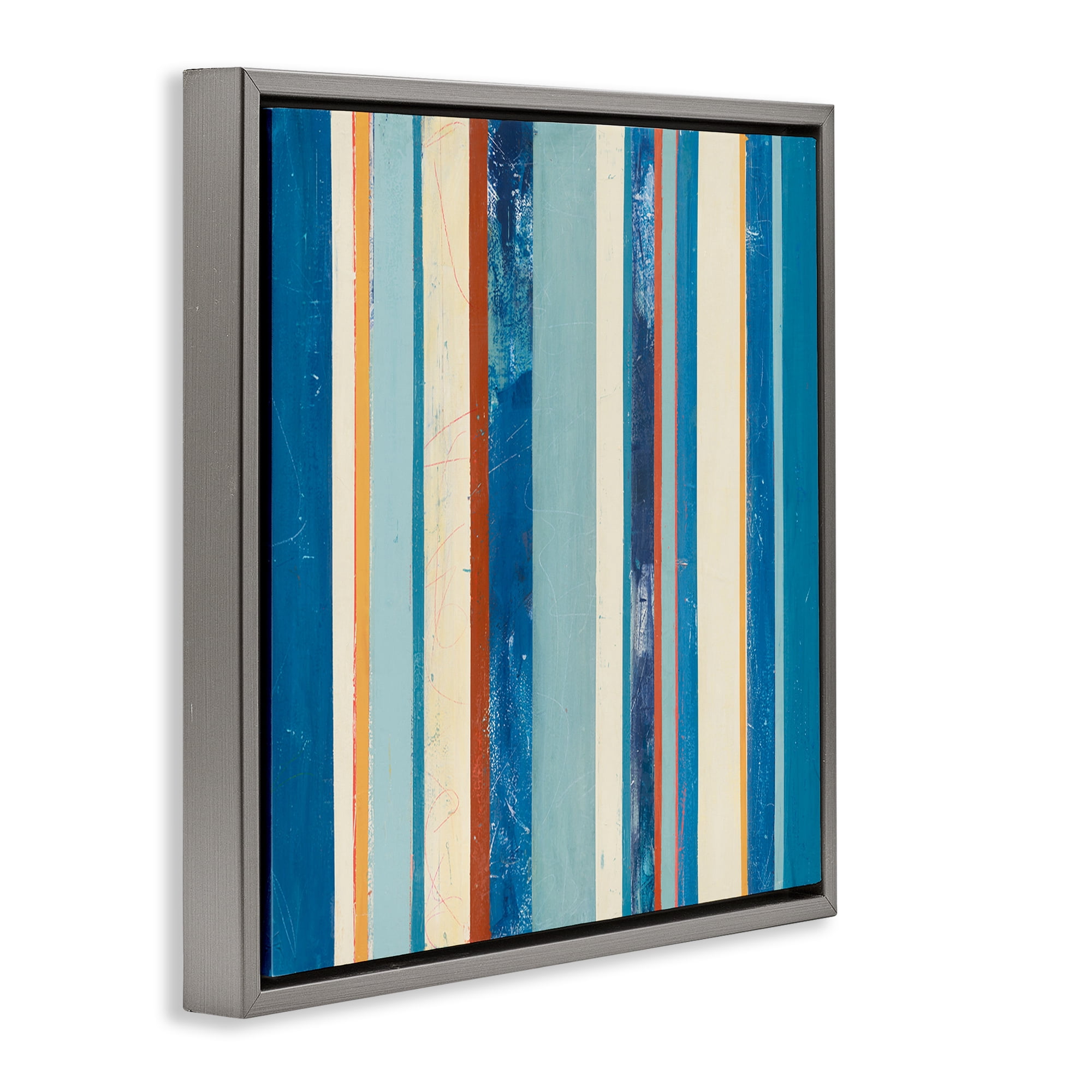Stupell Industries Distressed Blue Stripes Abstract Painting Gray Floater Framed Canvas Art Print Wall Art, 25 x 25