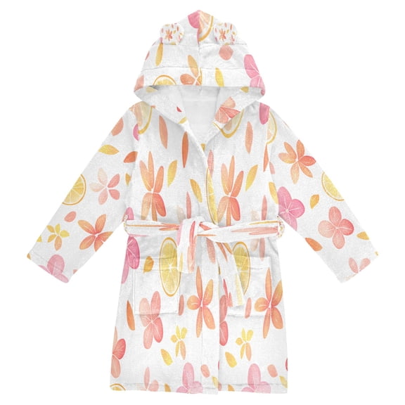 FORMRS Niños Bathrobe Unisex Hooded Robe Soft Plush Pajamas Sleepwear, Size 2-3T, White Floral Orange