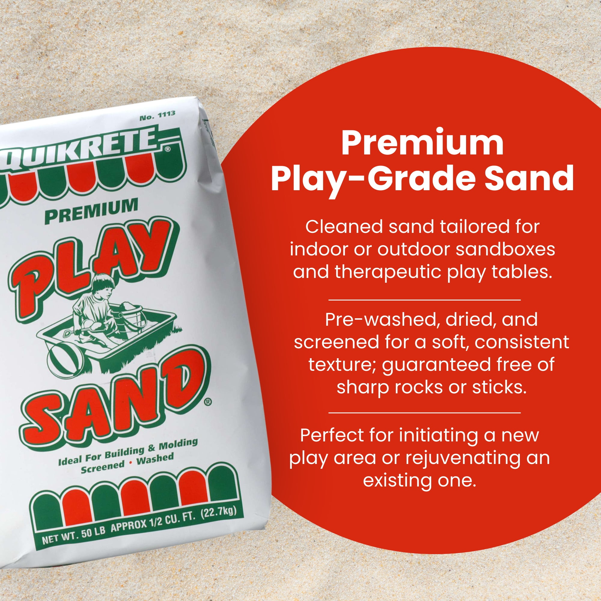 Quikrete 1113 Premium Play Grade Sand Toys Ideal for Building and Molding Screened Washed, 800 oz