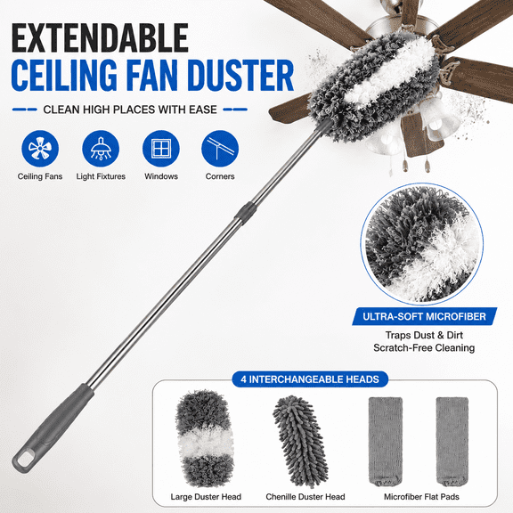 Microfiber Feather Duster Kit with Extension Pole (30-100") – 4 Pcs Bendable Washable Heads for Ceiling Fan, High Ceiling, Blinds