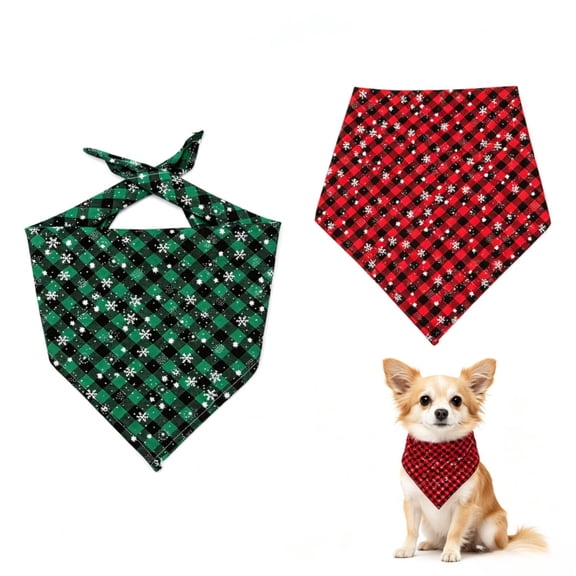 Christmas Dog Bandanas Plaid Snowflake Scarf for Cat and Dog Pet Accessories 2 Pack