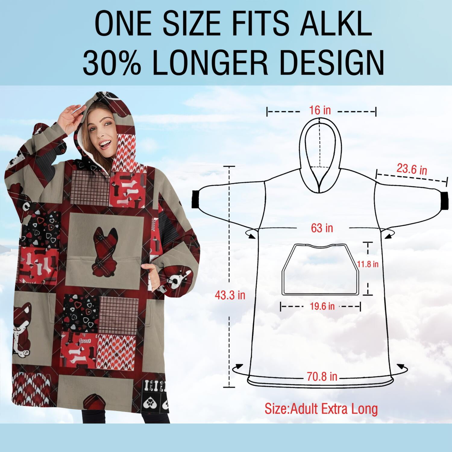 Oversized Wearable Blanket Hoodie,Red Plaid Dog Jigsaw Puzzle Sherpa Blanket Hoodie with Super Pockets,Super Warm Fuzzy Pullover for Women & Men