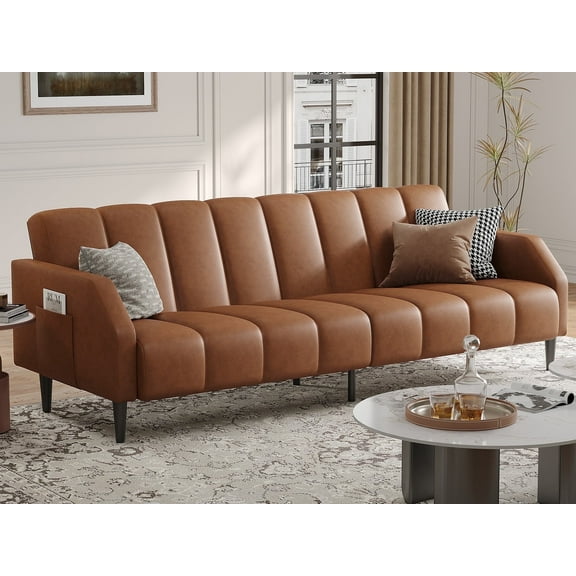 BLAZANT Faux Leather Couch, Convertible Futon Sofa Bed with Adjustable Backrest, Mid Century Leather Sofa Loveseat with Side Pockets& Metal Leg, Modern Leather Sleeper sofa for Living Room Bedroom