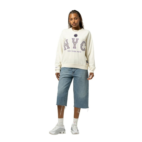 Women's Mitchell & Ness Cream New York Mets Premium Oversized Crewneck Sweatshirt