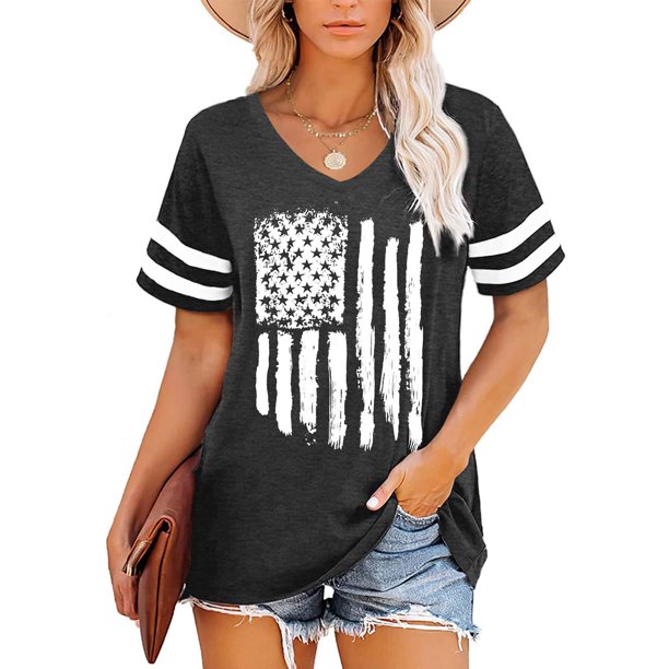 Fiudx Liquidación de Ahorros de Verano Camiseta Informal con Cuello En V y Mangas Raglán con Estampado Del Día de La Independencia para Mujer