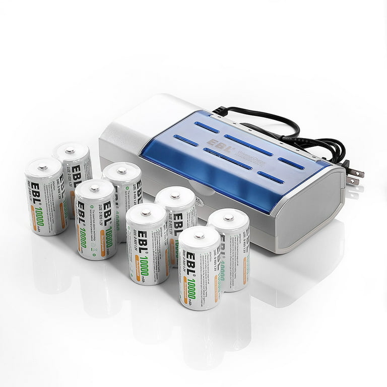 EBL Pack of 8 10000mAh Ni-MH D Cells Rechargeable Batteries, Battery Case  Inc