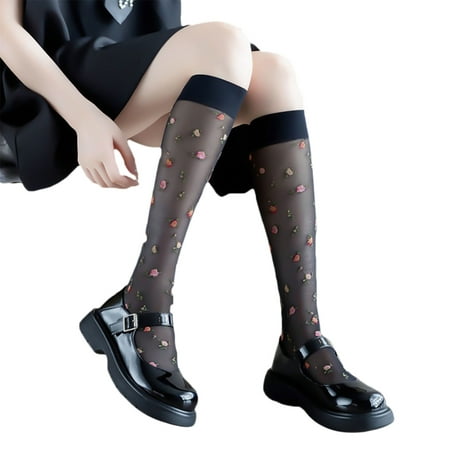 

BOOYOU Women Lolita Thin Silky Pantyhose French Vintage Sweet Colorful Floral Printed Tights Stockings Cosplay Calf Long Socks