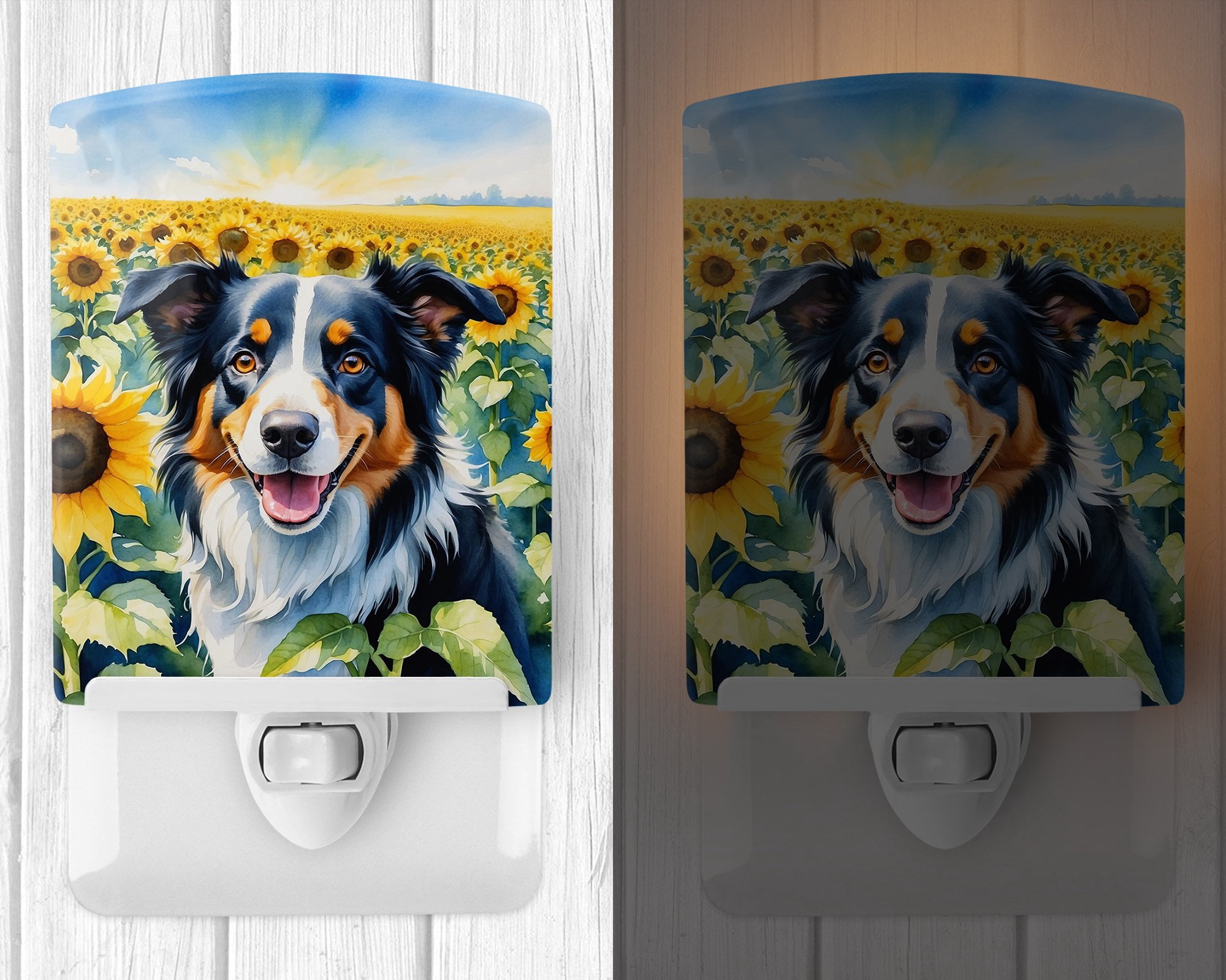 Border Collie in Sunflowers Ceramic Night Light 4 in x 6 in