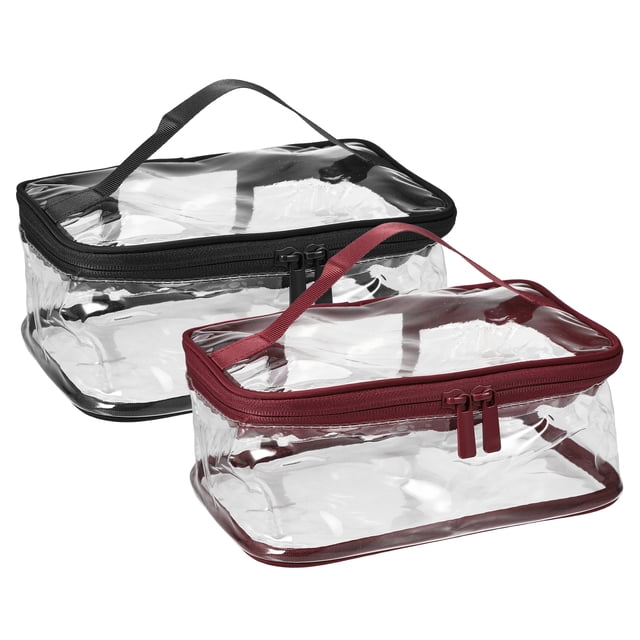 2 bolsas de maquillaje transparentes Unique Bargains Bolsa de cosméticos impermeables para viaje PVC negro Rojo vino 21.6x15x9cm