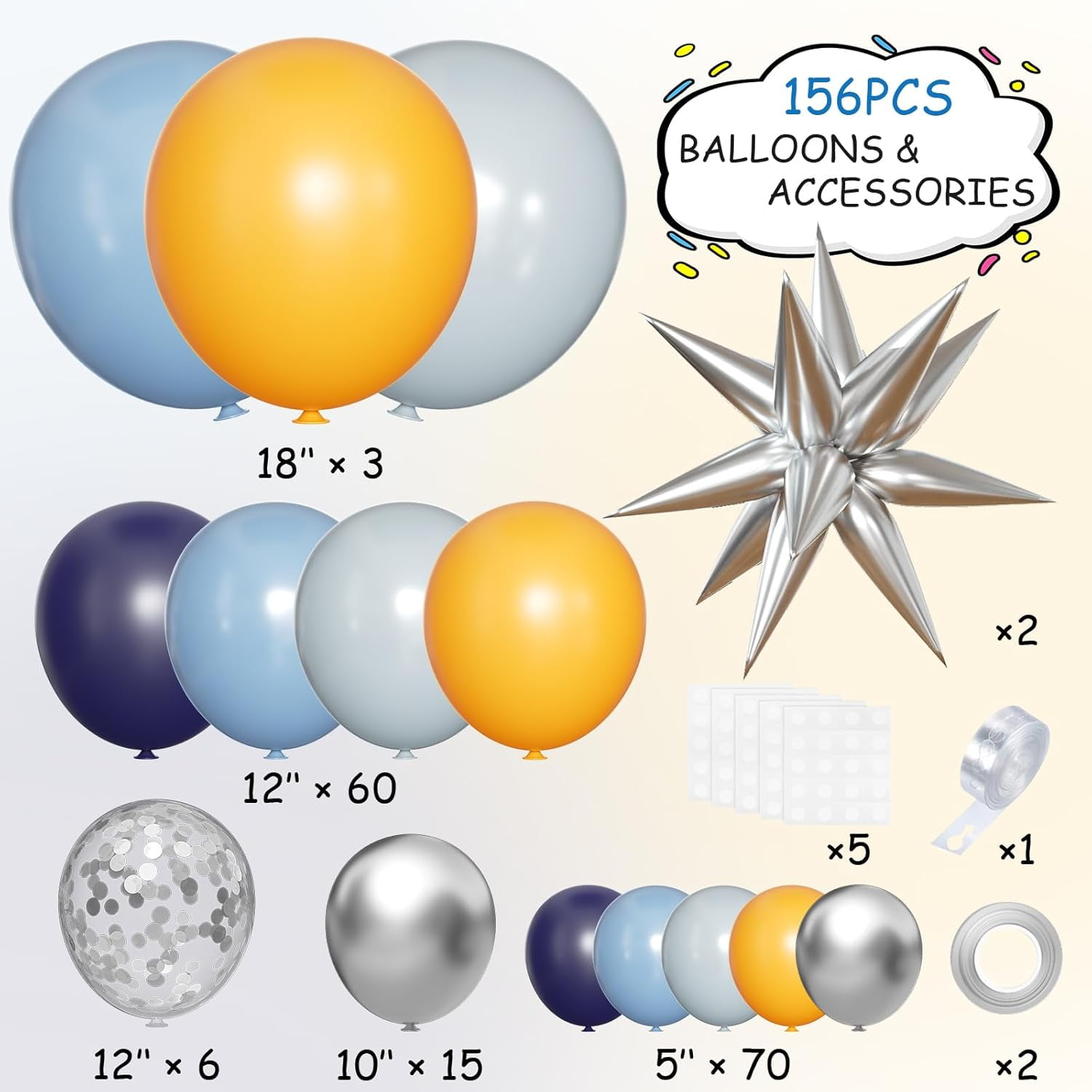 Blue Yellow Gray Balloon Garland Arch Kit, 156Pcs Pastel Navy Blue Dusty Grey Lemon Yellow Metallic Silver Balloons with Exploding Star for Baby Shower Wedding Birthday Lemonade Honeybee Party