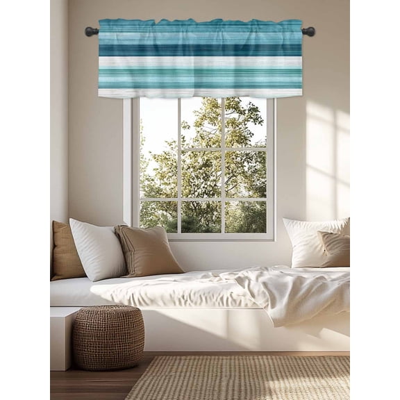 Kitchen Valances for Window, Gradient Blue Green Grey Stripe Light Filtering Rod Pocket Valance Curtain, Ombre Abstract Art Short Curtains Window Topper for Bedroom Bathroom Living Room 54x18in