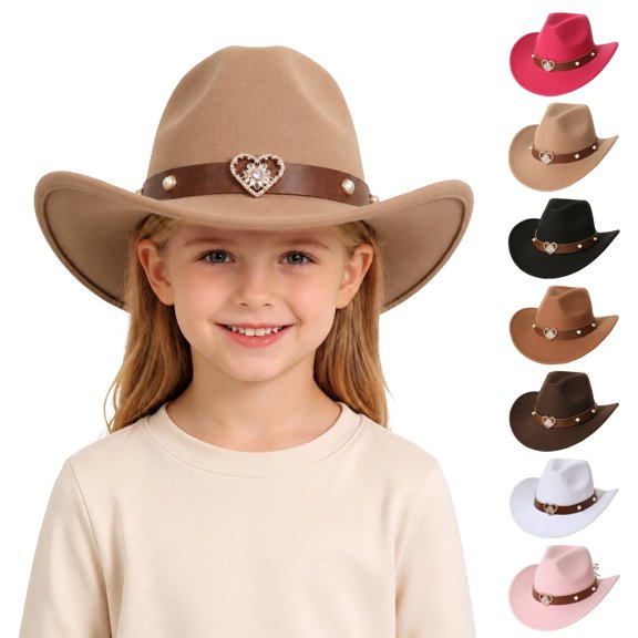 Gaexia Kids Western Cowboy Hat, Wide Brim Felt Hat with Heart Rhinestone, Festival Jazz Cap