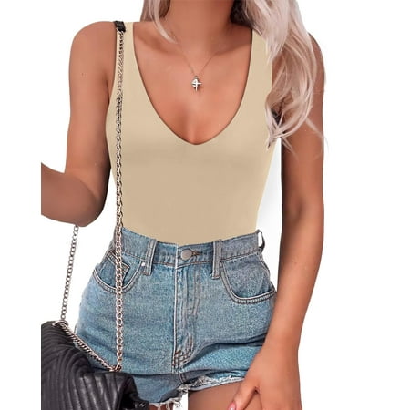 Women s Bodysuit Sexy Plunge Deep V Neck Backless Sleeveless Tank Thong Body Suits Outfits for Going Out White L T