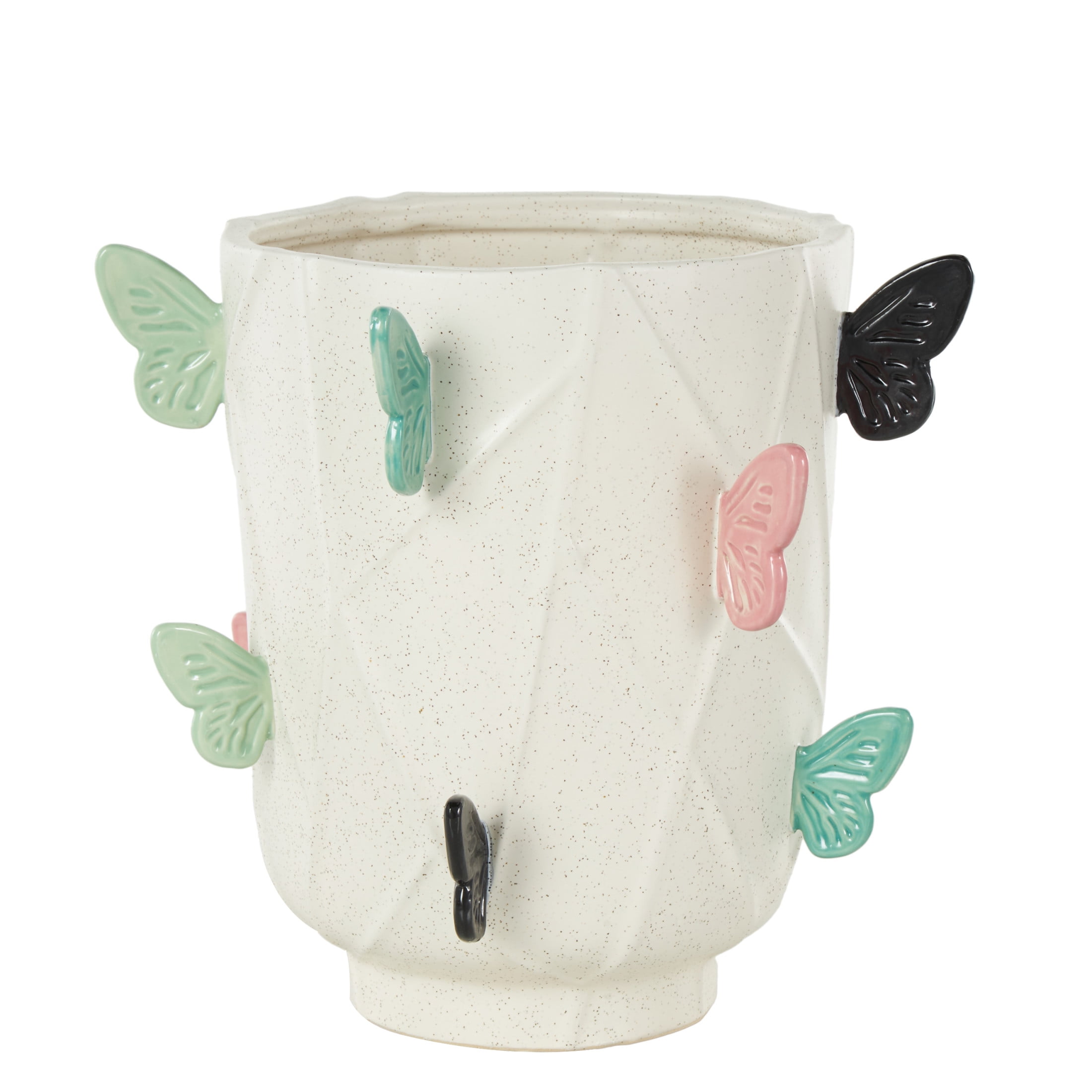 DecMode 11" Butterfly Wide White Ceramic Vase with Multicolor Accents