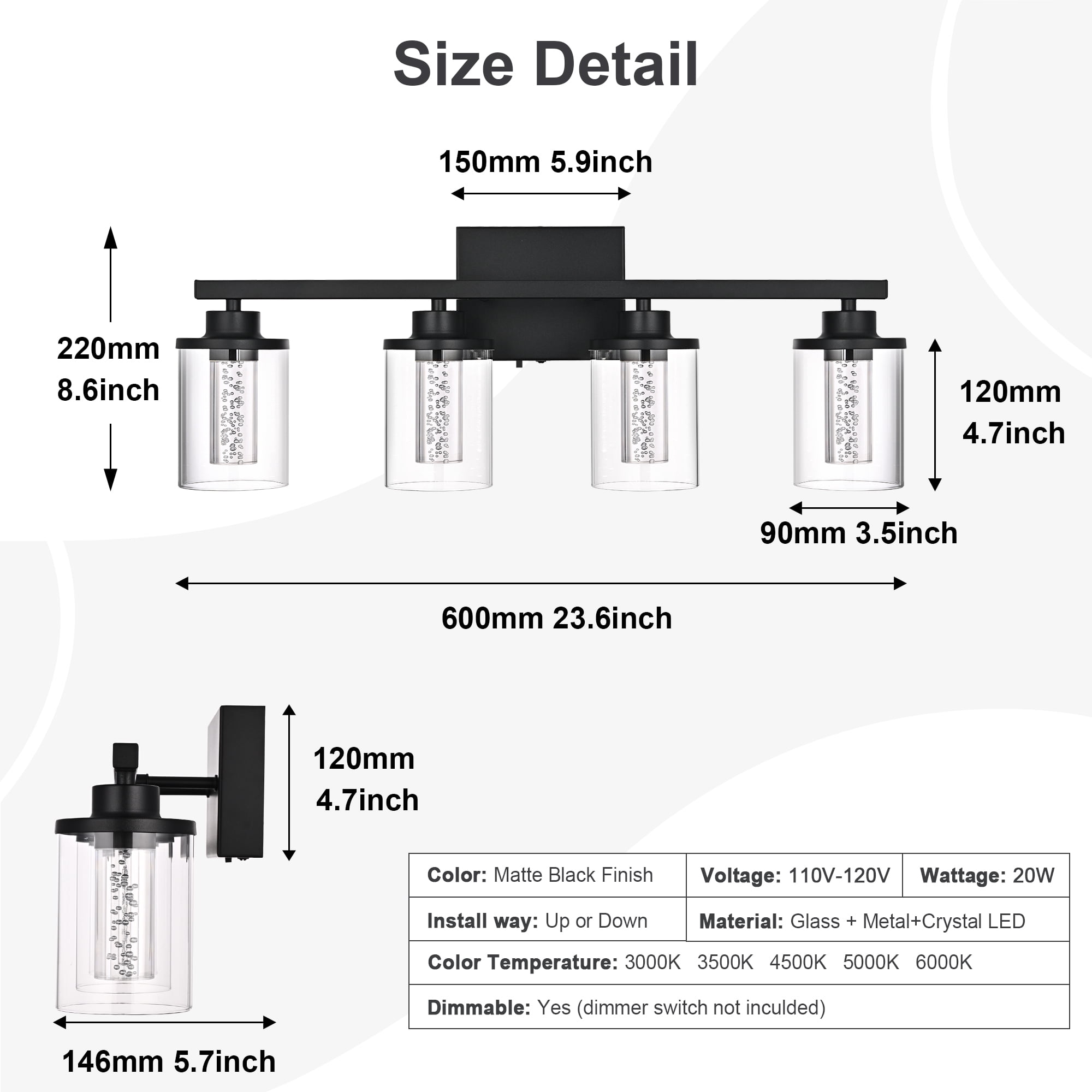 Melucee 5CCT Dimmable LED Black Vanity Lights 4-light, Modern Vanity Lighting Fixtures with Crystal Light Columns and Clear Glass for Bathroom Bedroom